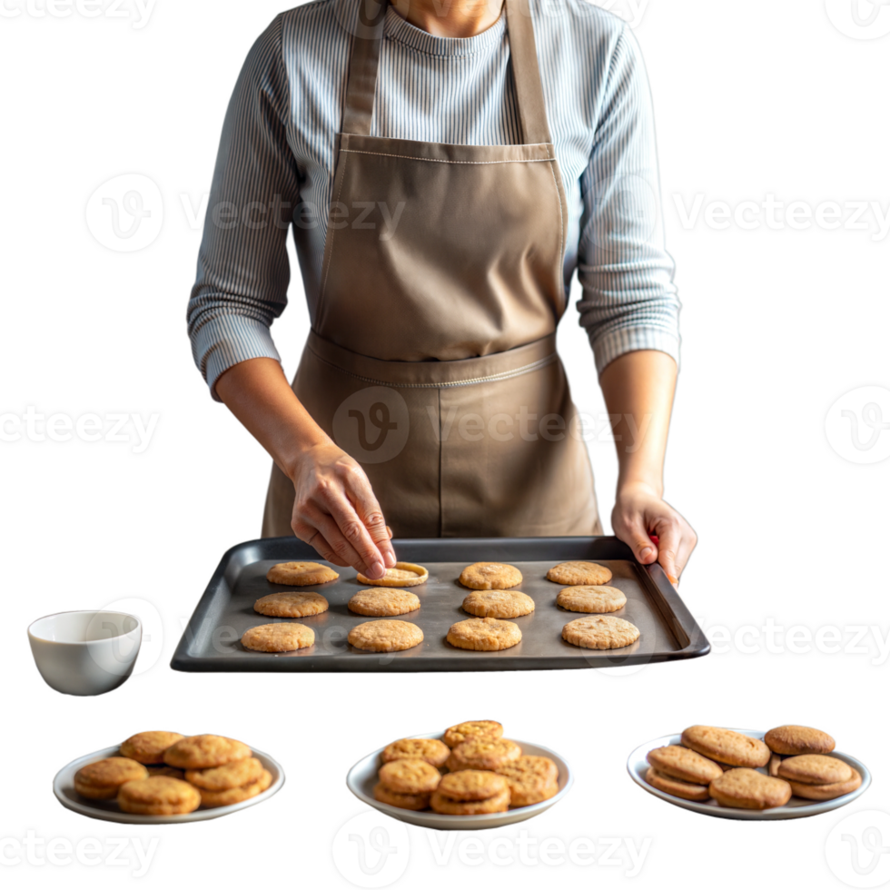 Person baking cookies on a tray, representing cooking, homemade food, and the joy of baking in a cozy kitchen setting. png