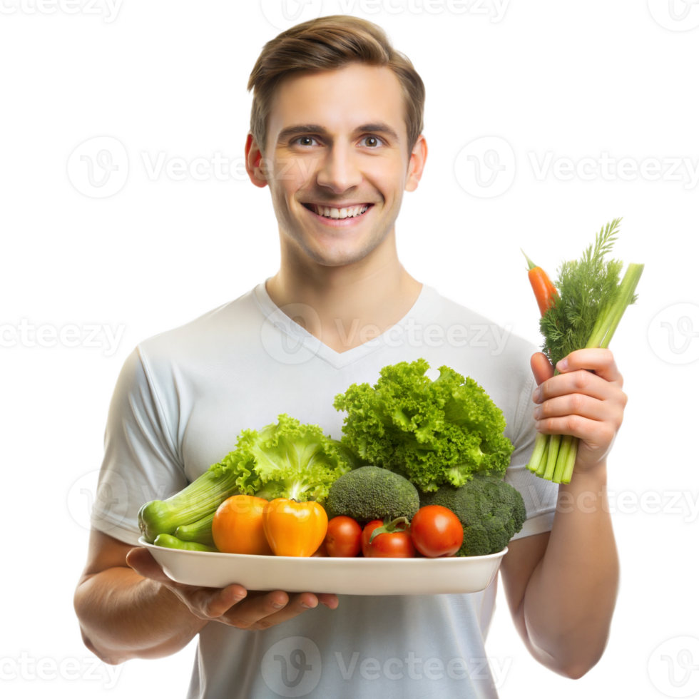 Man holding a plate of fresh vegetables, promoting healthy eating png