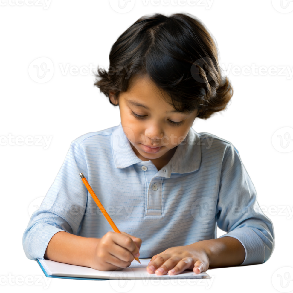 Young boy writing in a notebook, focusing on schoolwork png