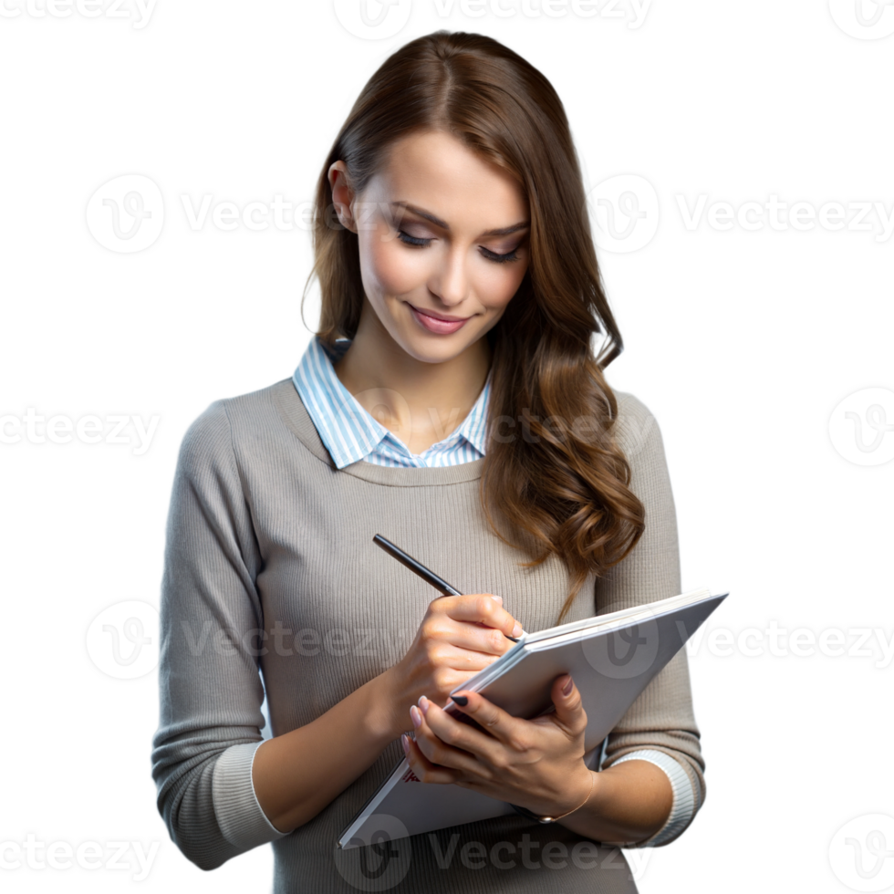 Young woman taking notes in a notebook, focusing on her studies png