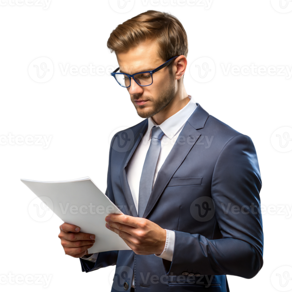 Businessman reading documents, focusing on analysis and decision-making png