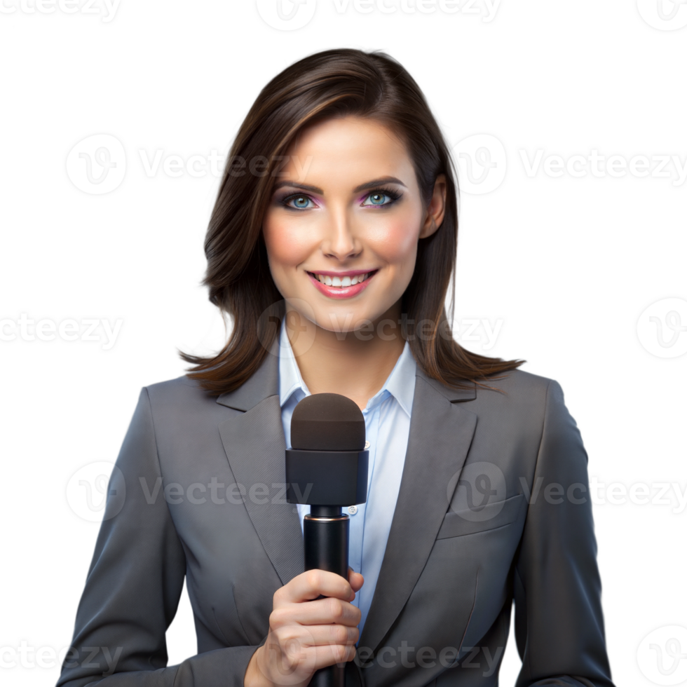 Female news reporter with microphone, representing journalism, news coverage, and media reporting in a professional setting. png