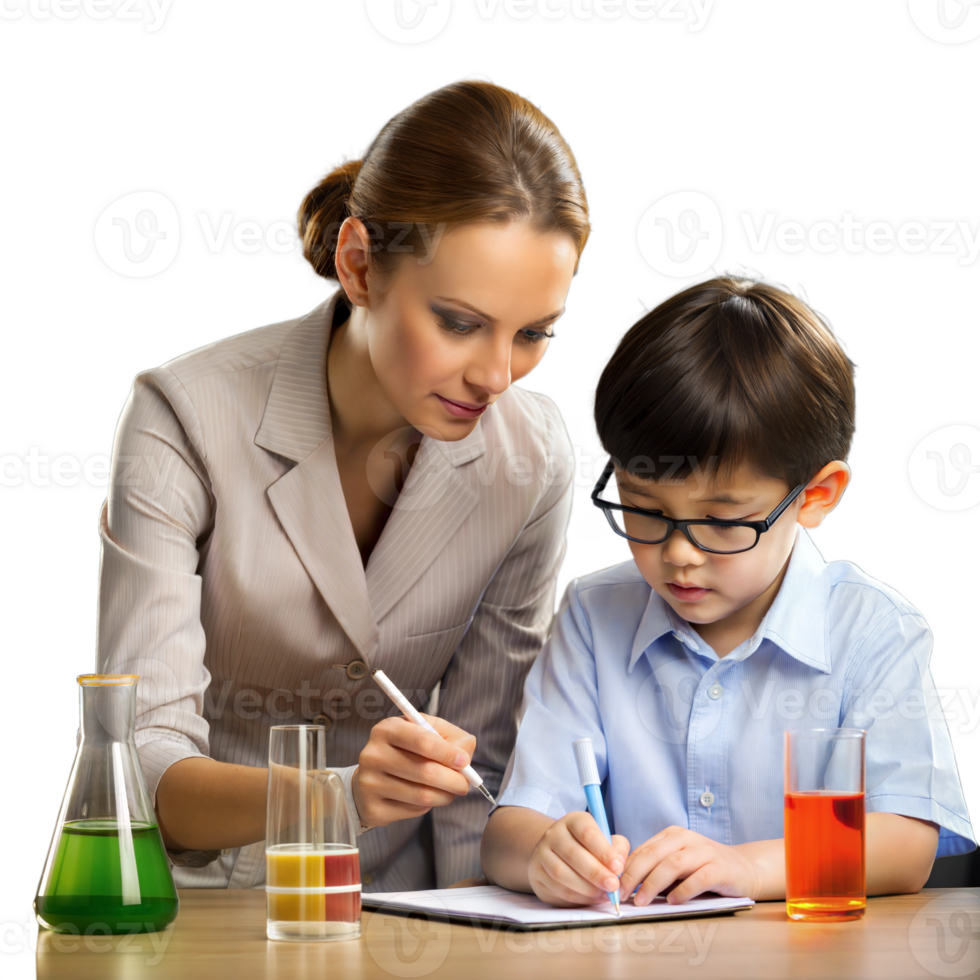 Female teacher assisting a student with a science experiment png