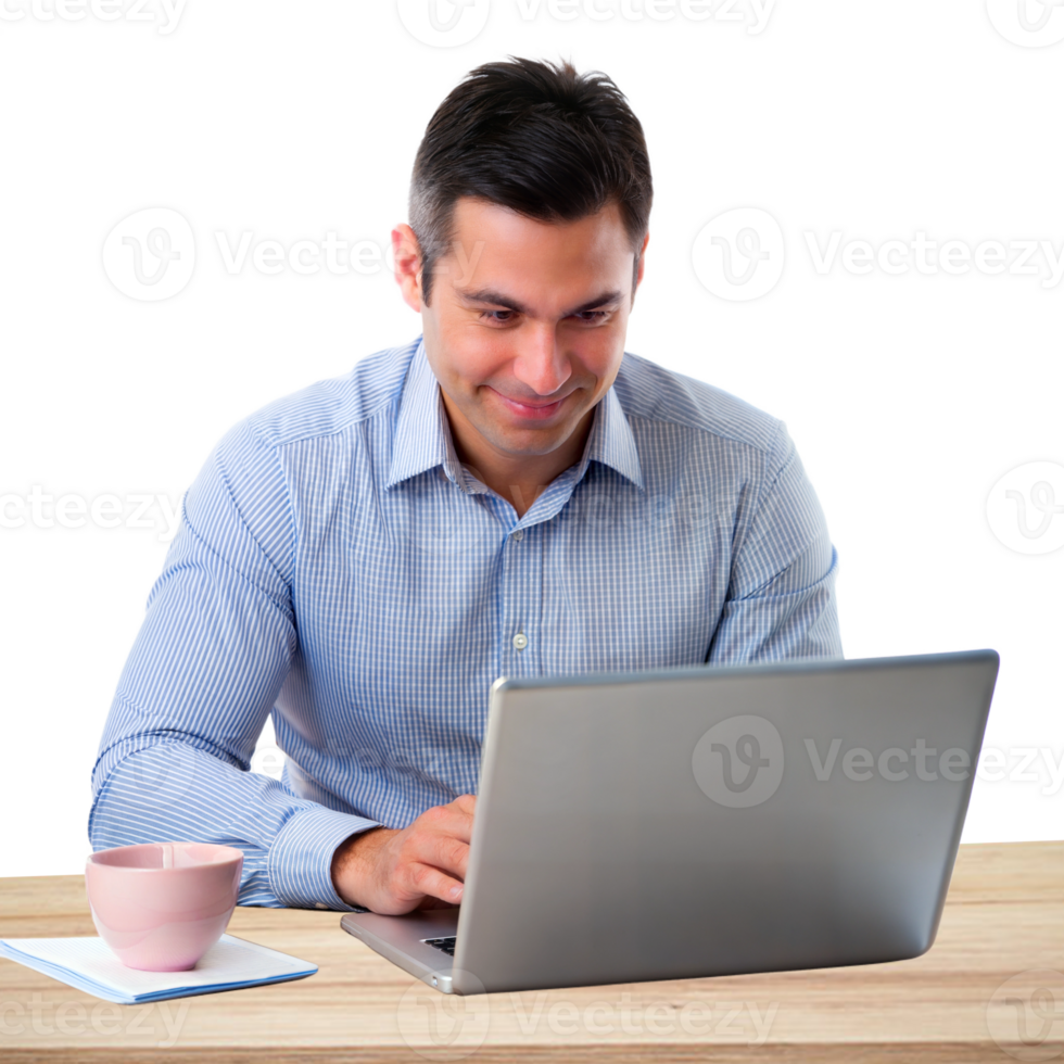Man working on a laptop, focusing on digital tasks png