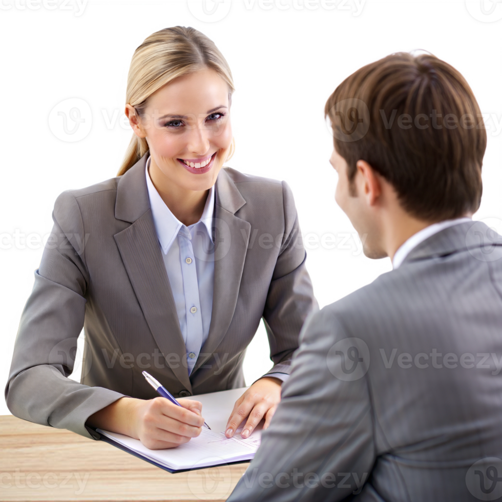 Business meeting between two professionals, discussing financial matters png