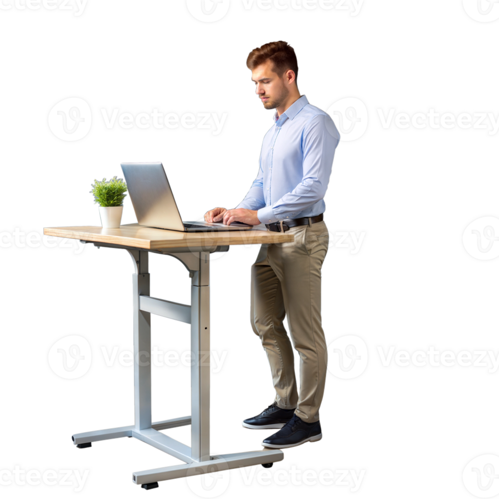 Man standing at a standing desk, focusing on work and productivity png