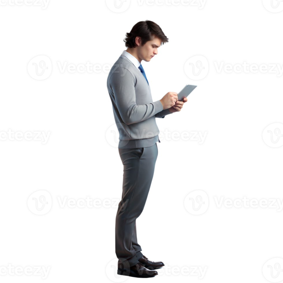 Man standing and reading a text message on his phone png