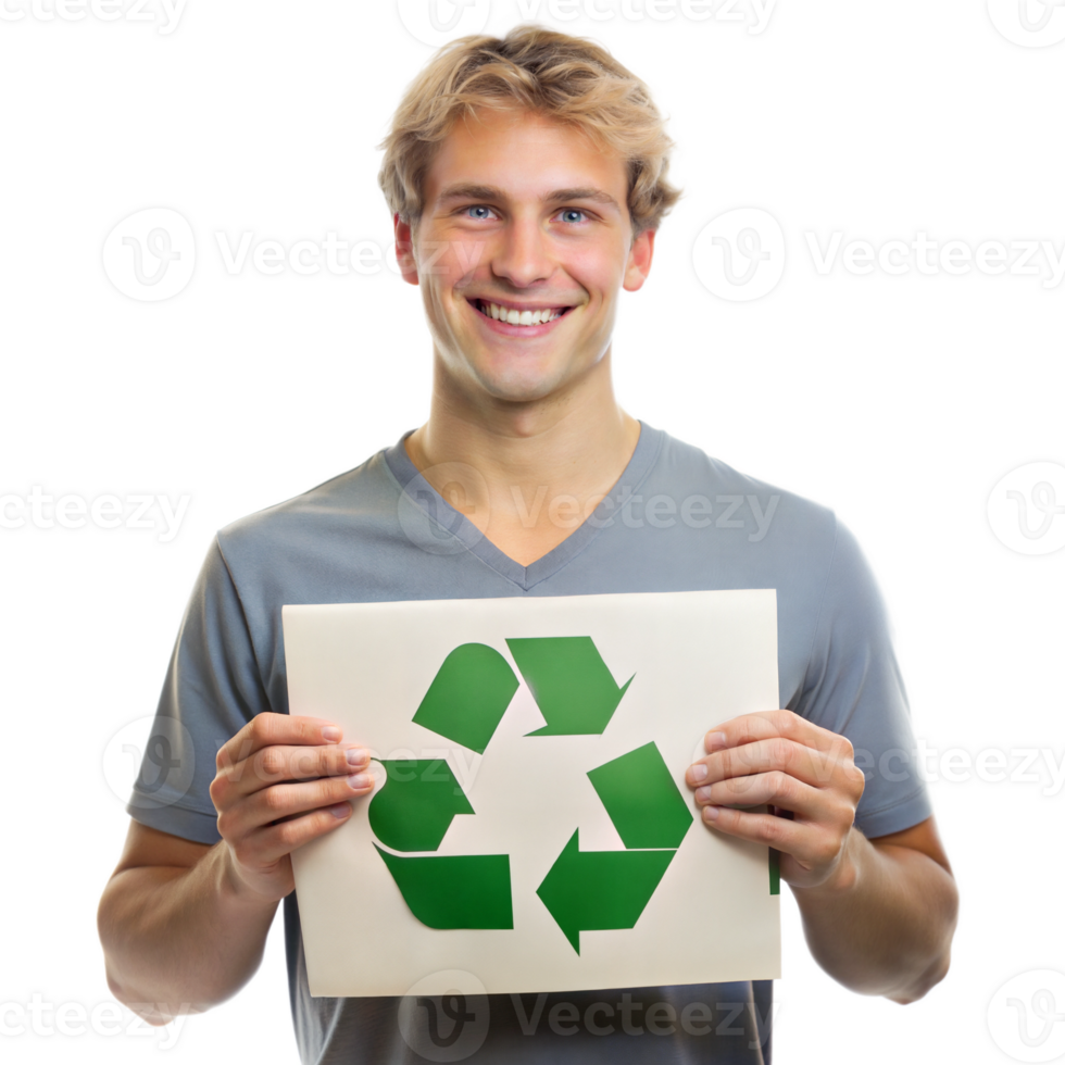 Man holding a recycling symbol, promoting environmental awareness and sustainability png
