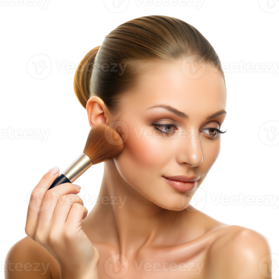 Woman applying makeup with a brush, focusing on her forehead png