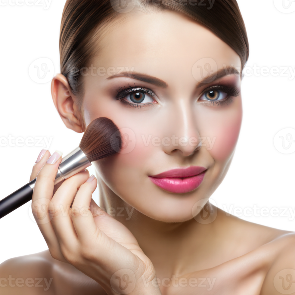 Woman applying blush with a makeup brush, focusing on her cheeks png