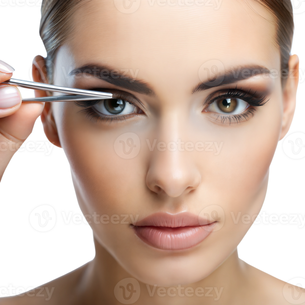 Woman shaping her eyebrows with a pencil, focusing on beauty and grooming png