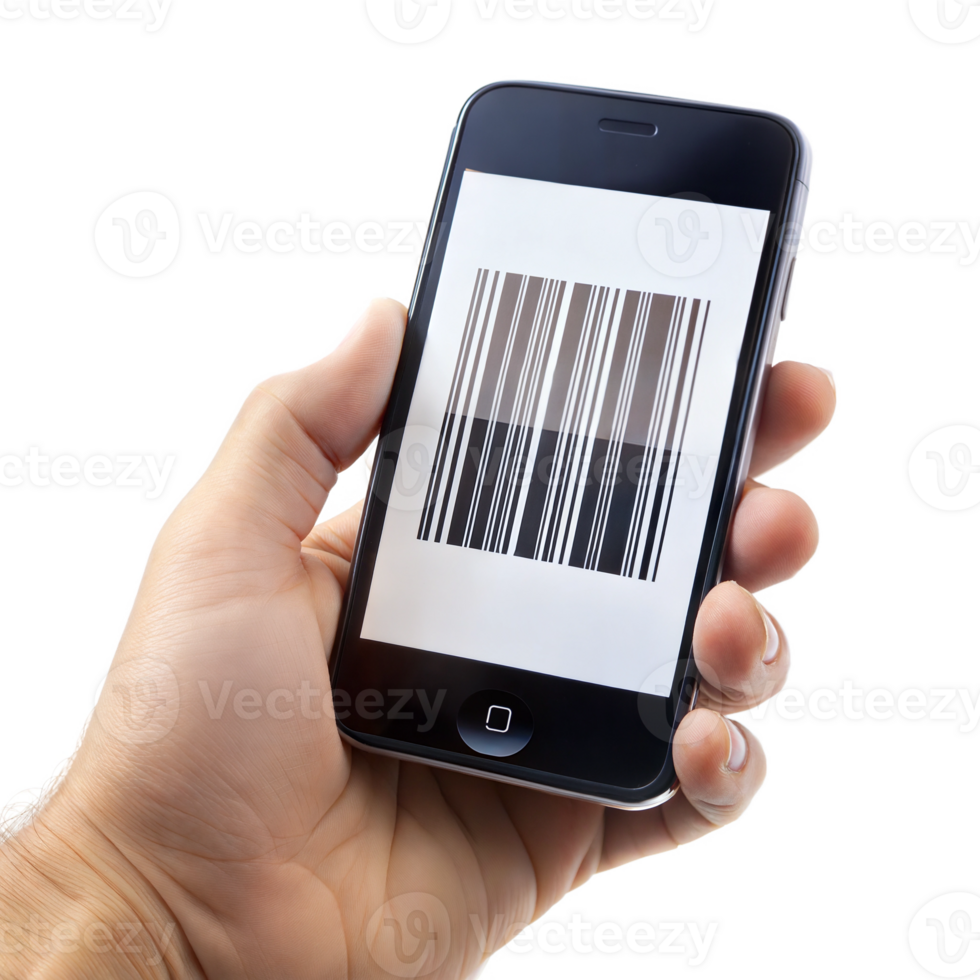 Hand scanning a barcode with a smartphone, symbolizing mobile commerce and technology png