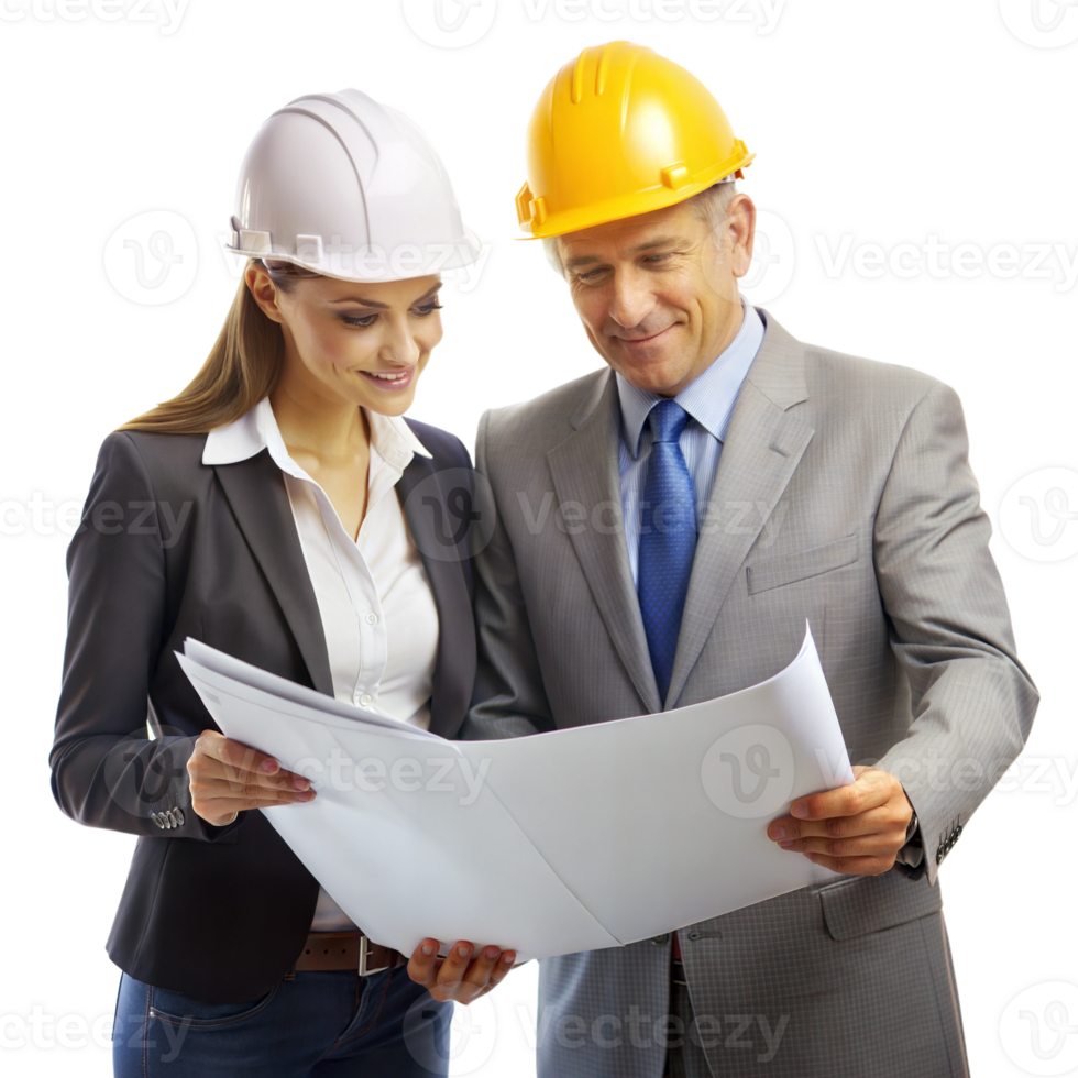 Male and female architects discussing a building plan, collaborating on a project png