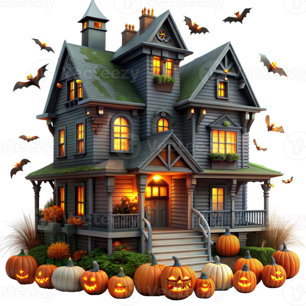 Haunted house with pumpkins and bats, creating a spooky Halloween scene png