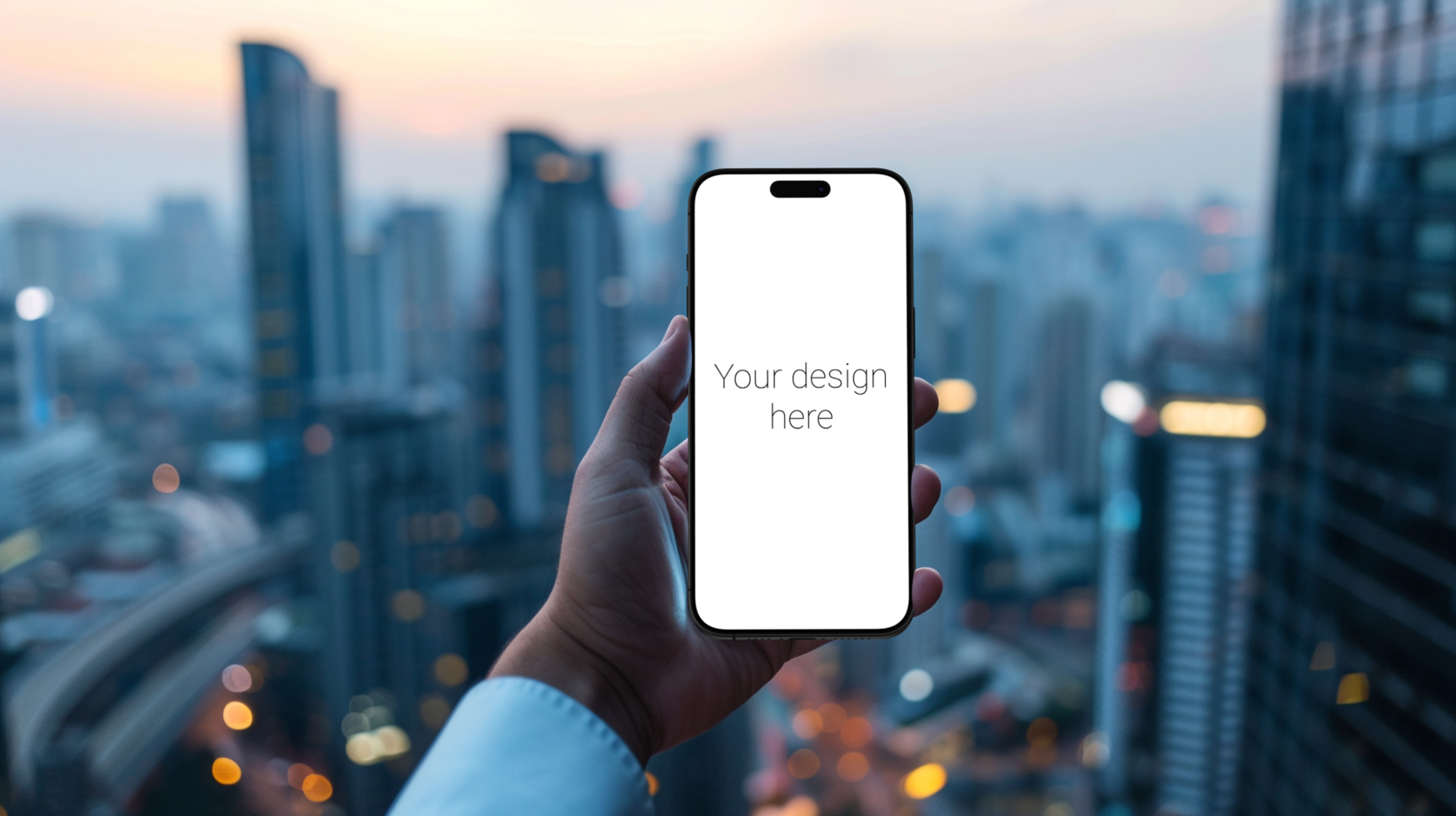 Mockup of black smartphone in person's hand. on background is large evening city psd