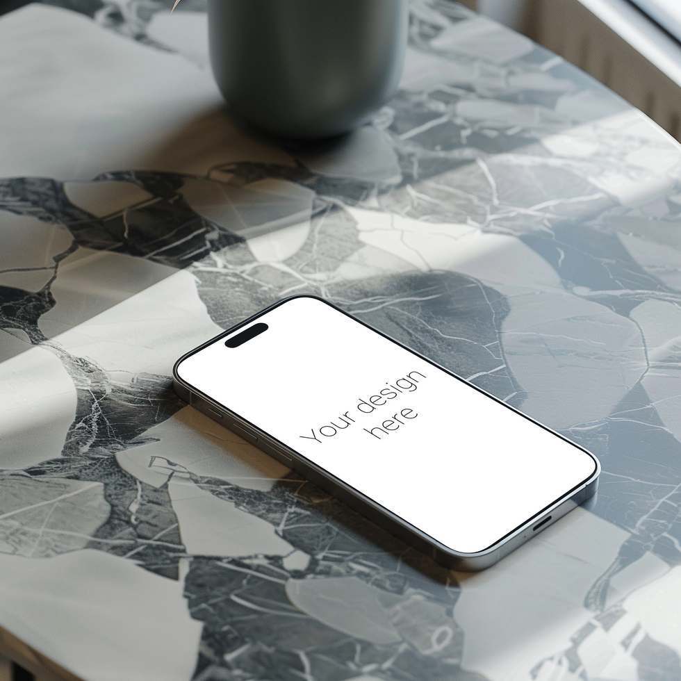 Mockup of white smartphone on marble surface psd