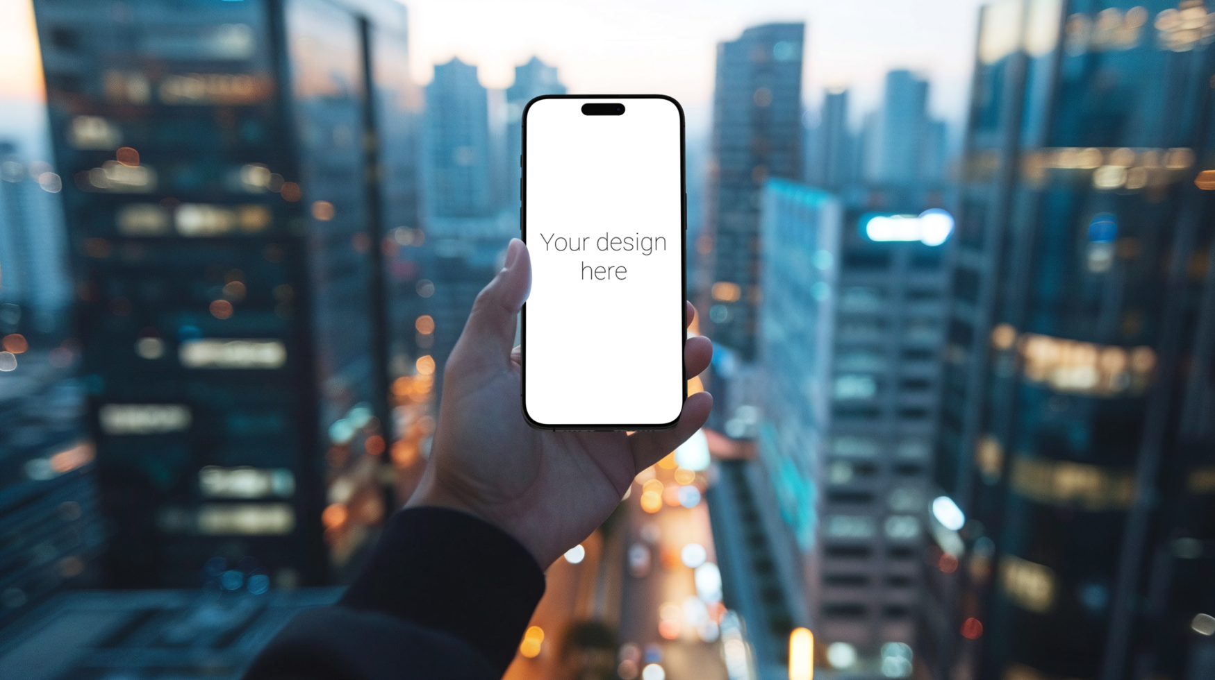 Mockup of black smartphone in person's hand. on background is large evening city psd
