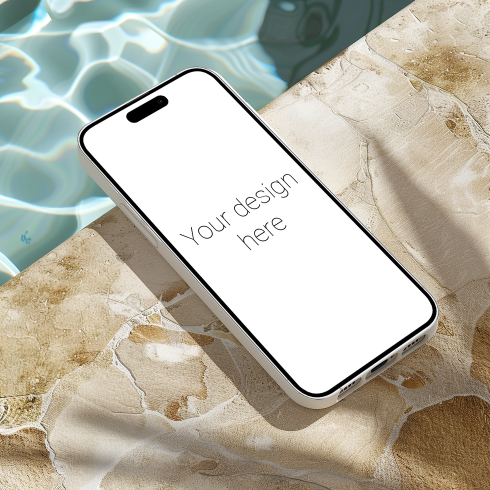 Mockup of white smartphone lying near pool psd