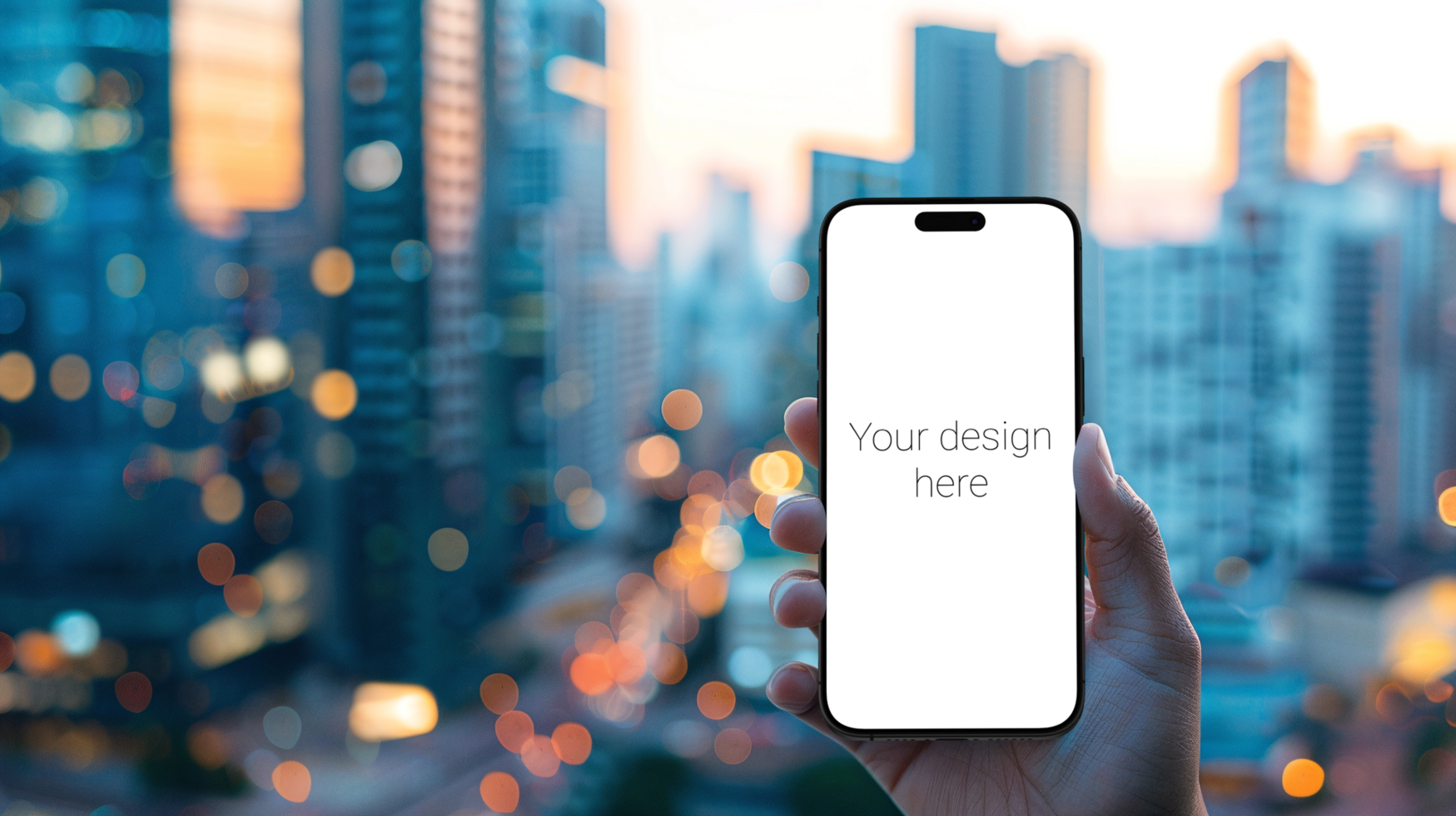 Mockup of black smartphone in person's hand. on background is large evening city psd