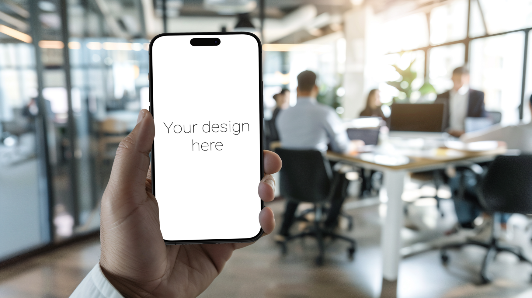 Mockup of black smartphone in person's hand On background is office and employees psd