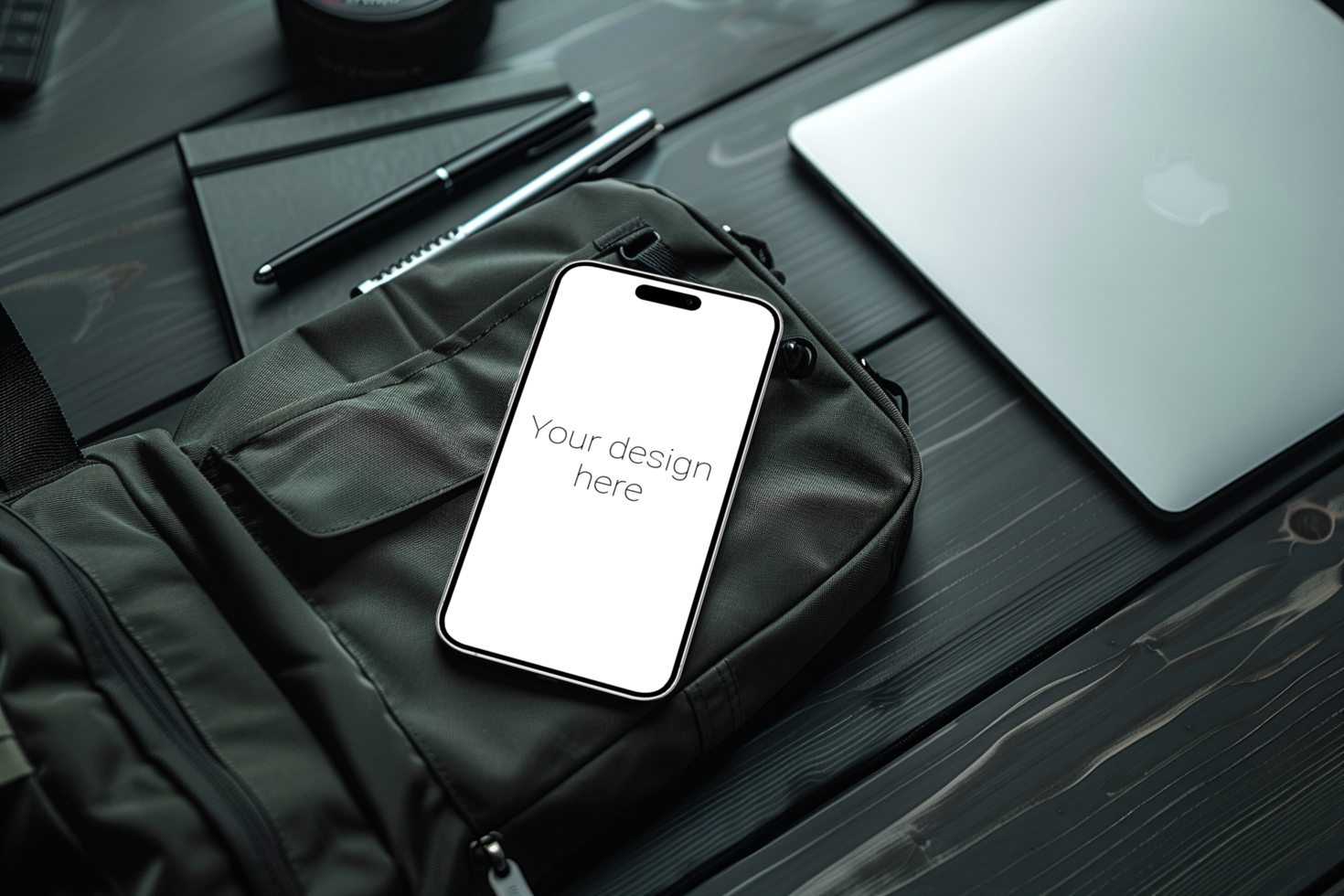 Mockup of white smartphone lying on black backpack psd