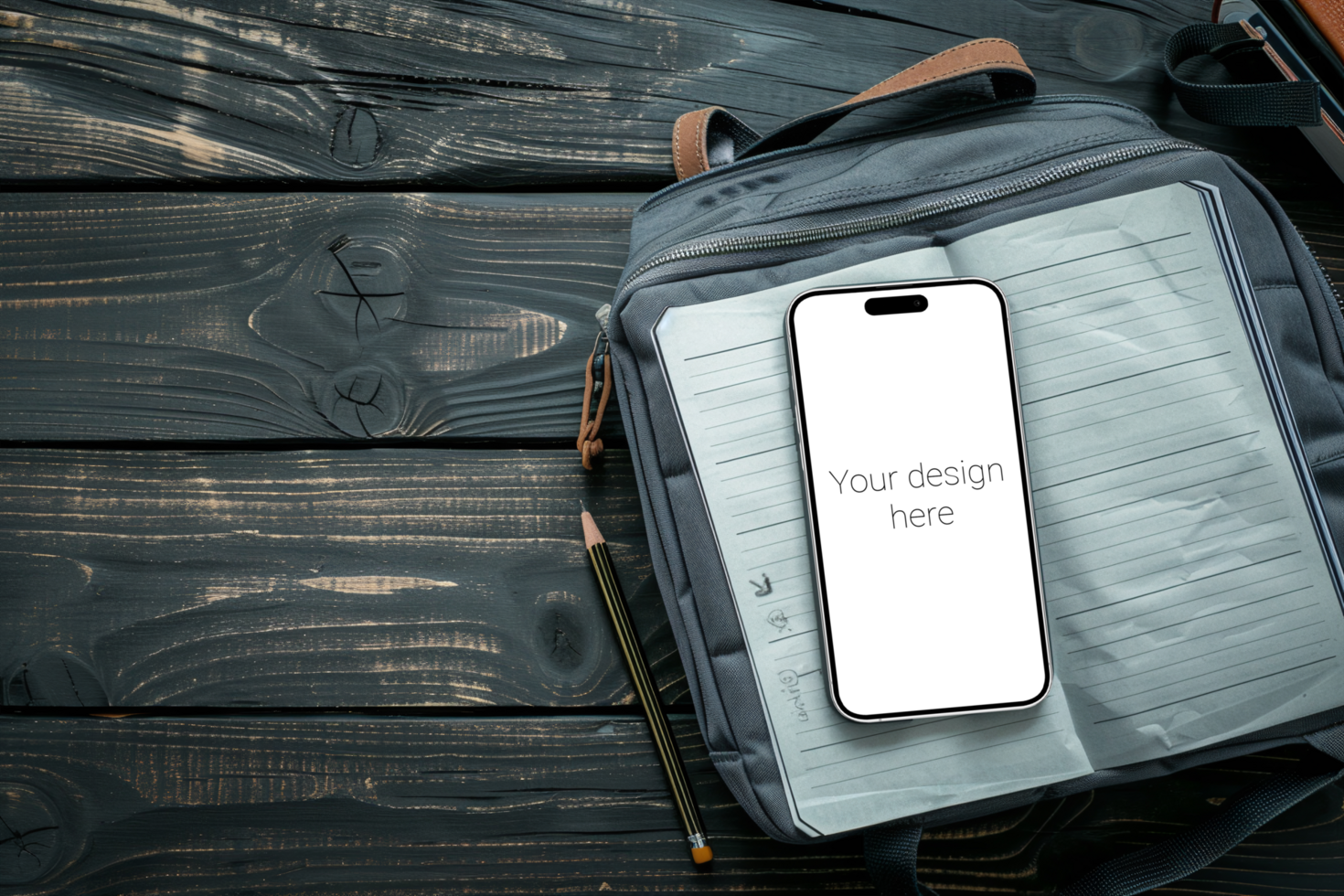 Mockup of white smartphone lying on black backpack psd