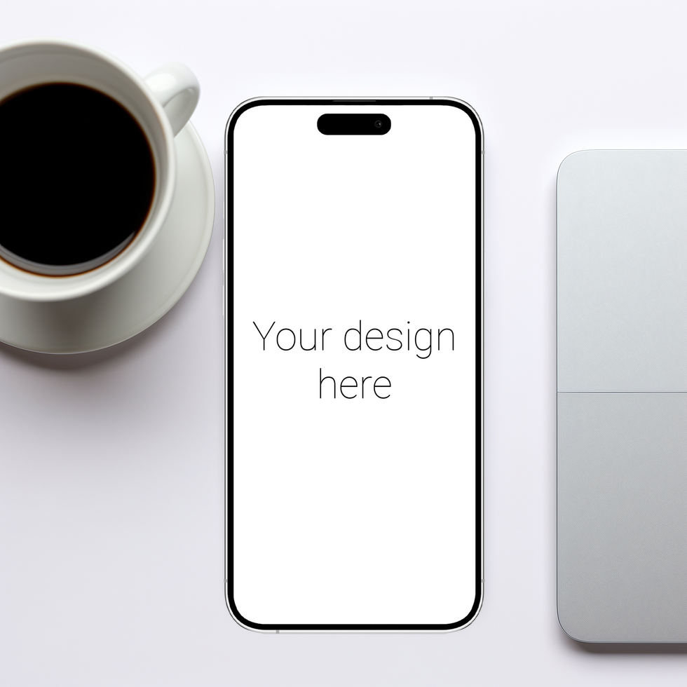Mockup of white smartphone lying nearby cup of coffee and notebook psd
