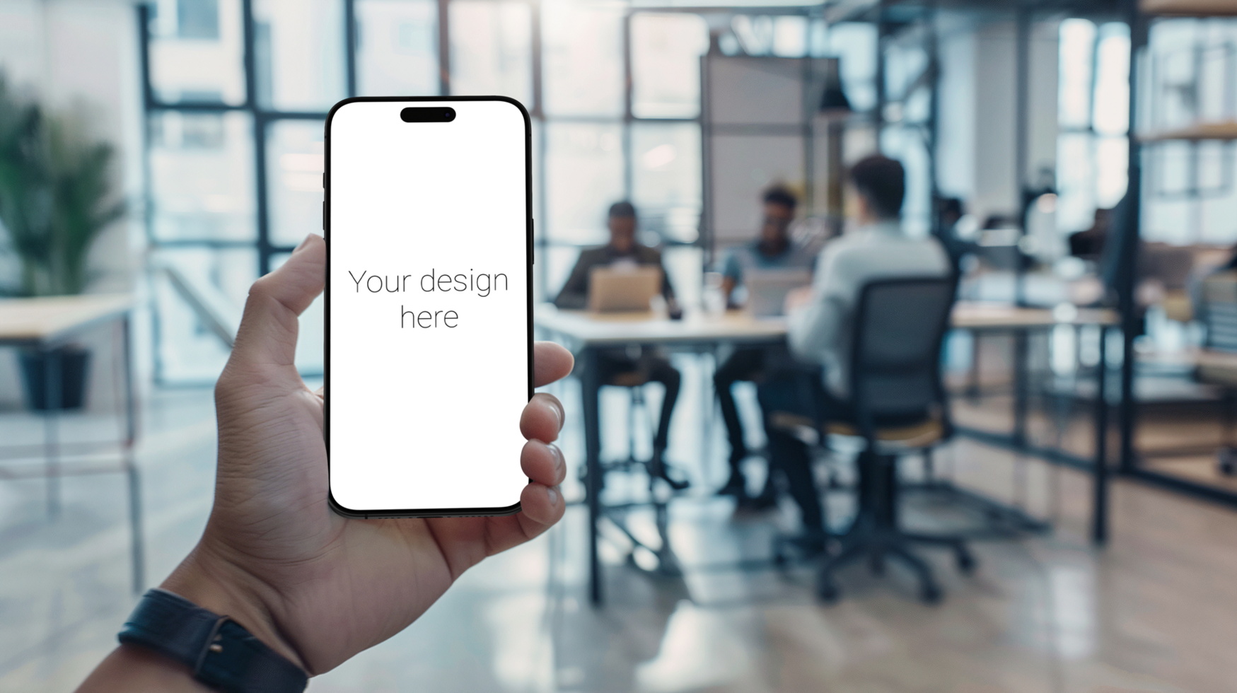 Mockup of black smartphone in person's hand On background is office and employees psd