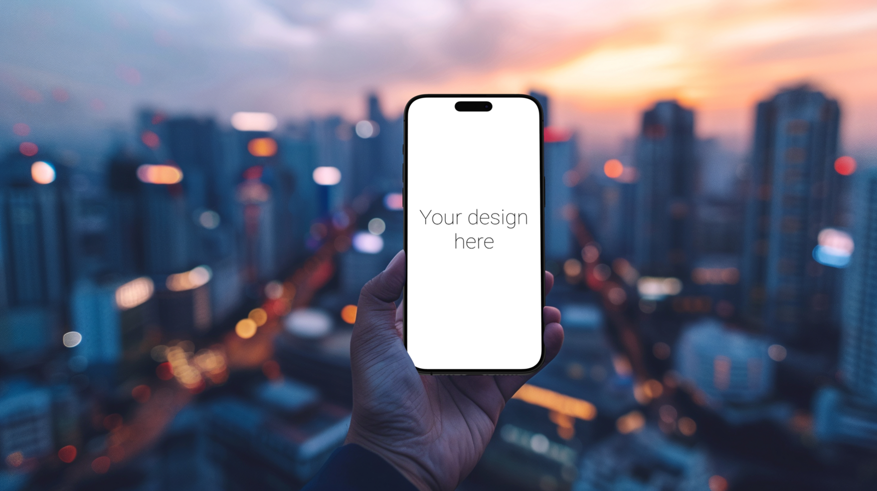 Mockup of black smartphone in person's hand. on background is large evening city psd