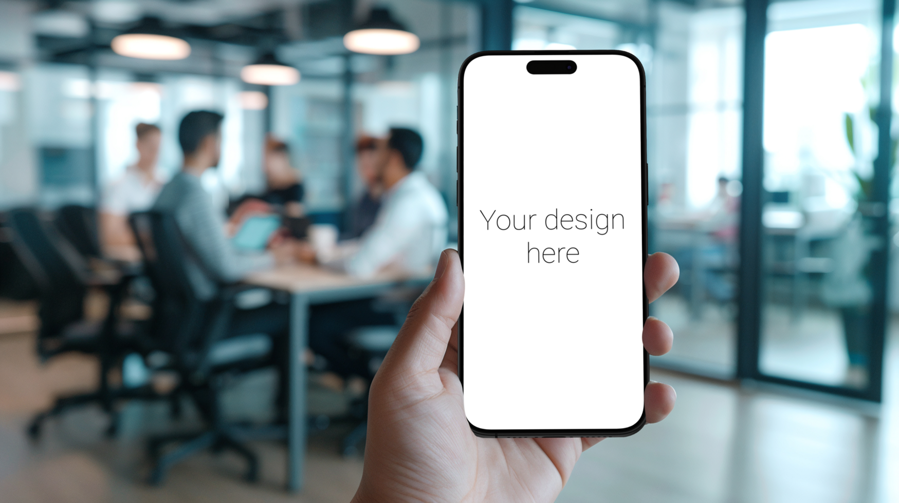Mockup of black smartphone in person's hand On background is office and employees psd