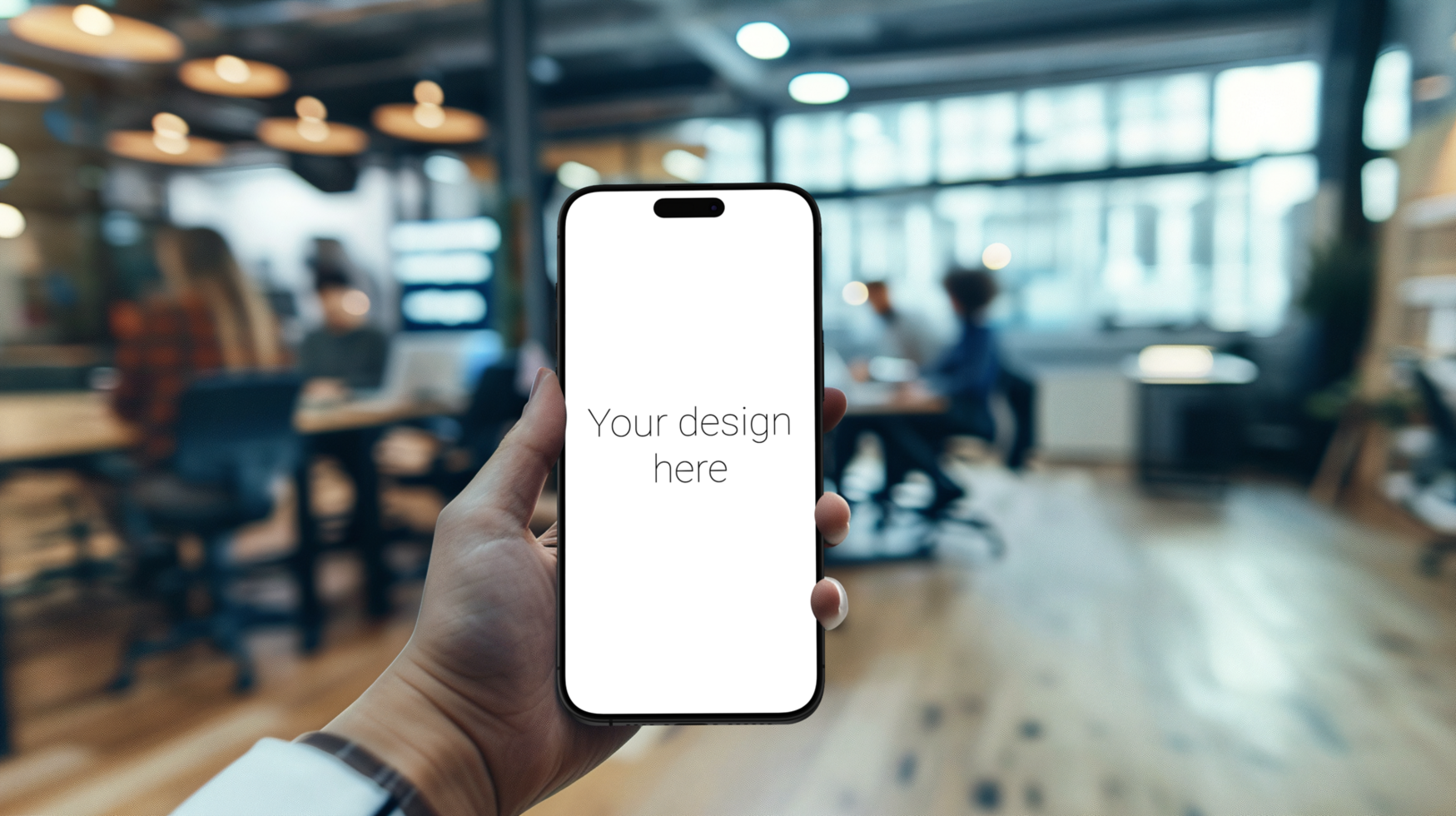 Mockup of black smartphone in person's hand On background is office and employees psd