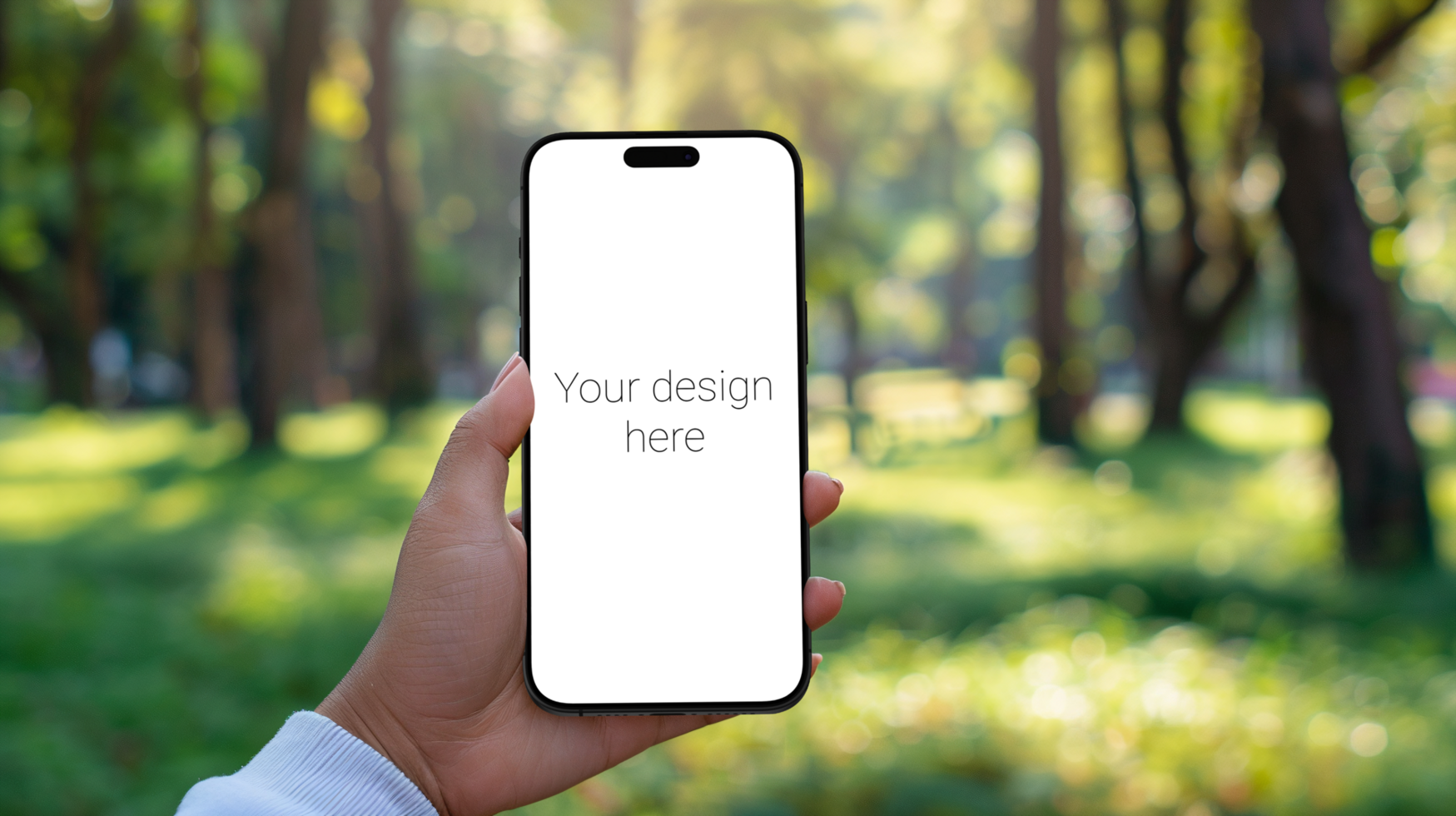Mockup of black smartphone in person's hand Man in park psd