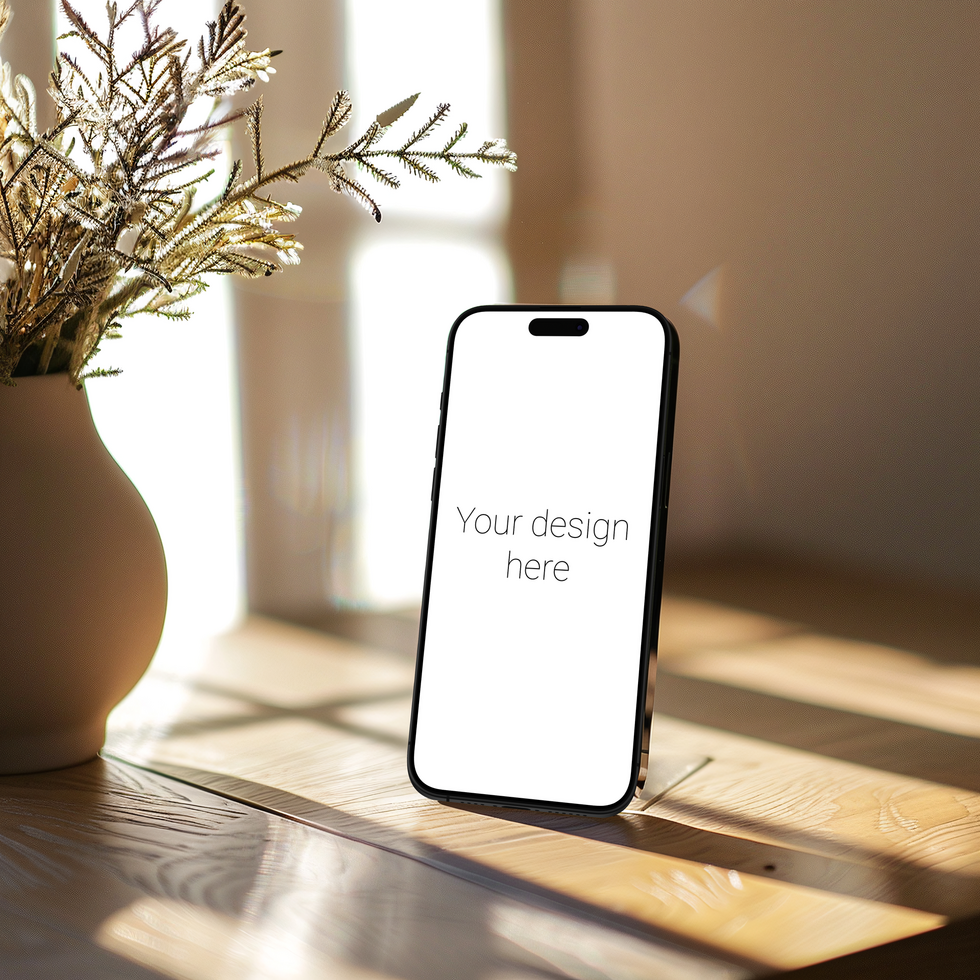 Mockup of black smartphone lying on wooden surface psd
