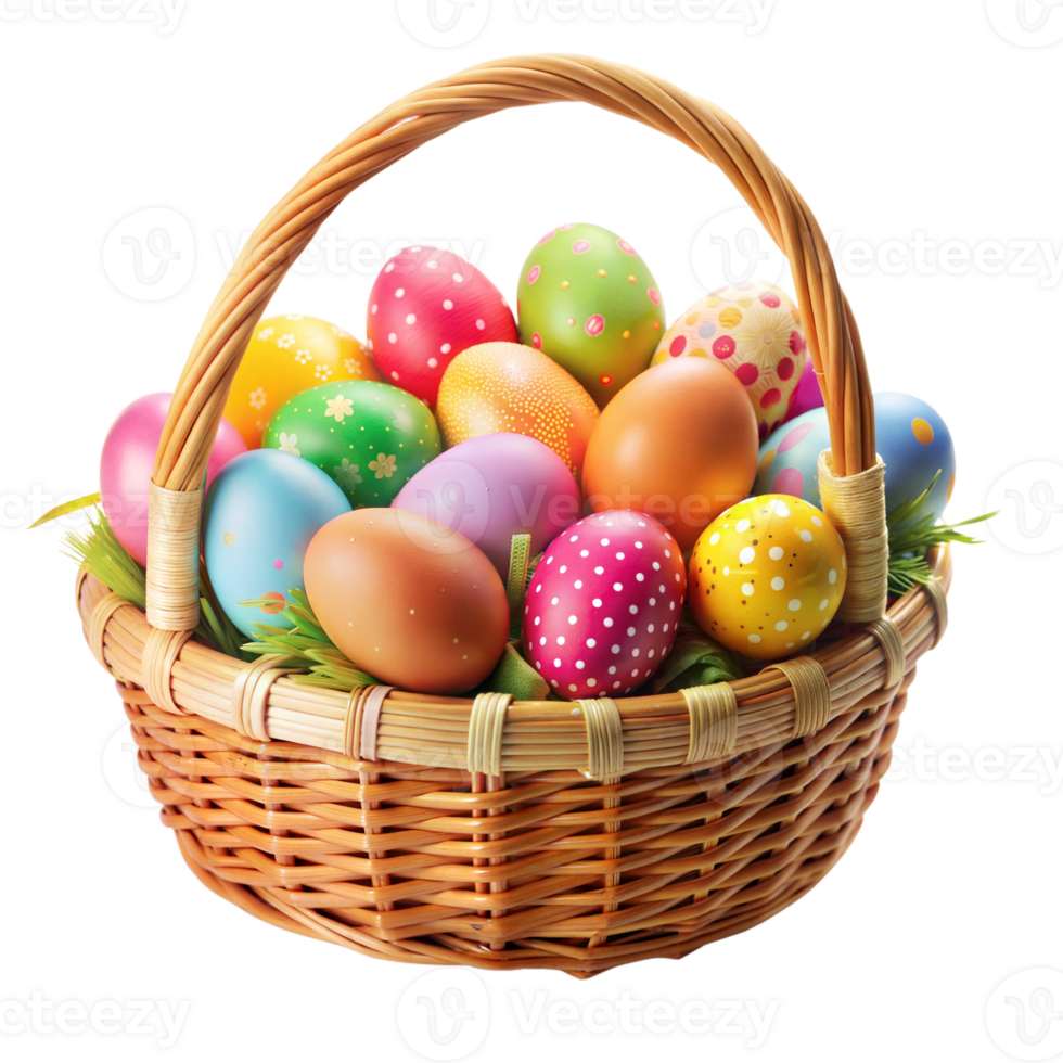 Basket filled with colorful Easter eggs, symbolizing spring and celebration png