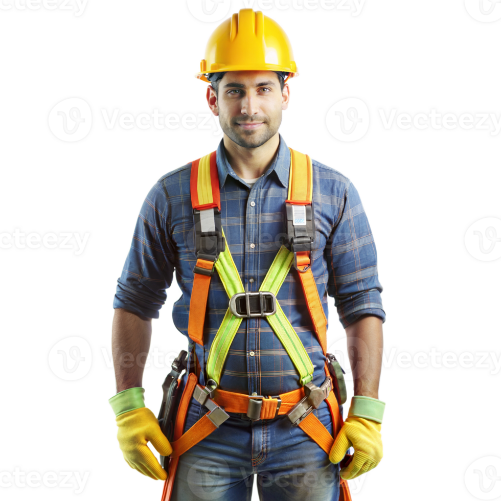 Construction worker wearing safety harness at a building site png