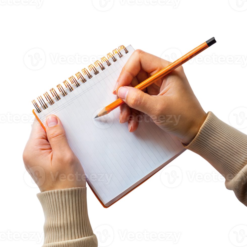 Person writing in a notebook, focusing on taking notes and organizing thoughts png