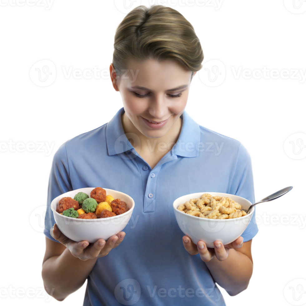 Boy holding bowls of salad, focusing on healthy eating png