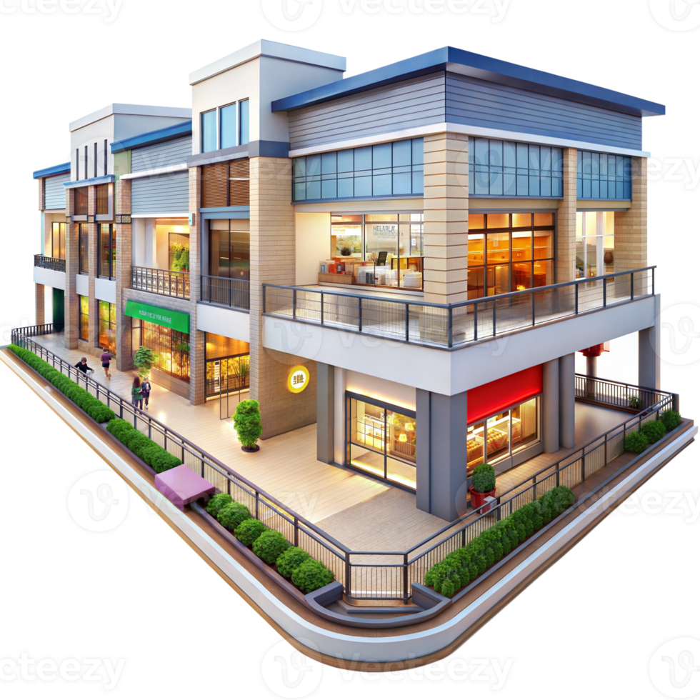 Modern shopping mall with various retail stores and amenities png