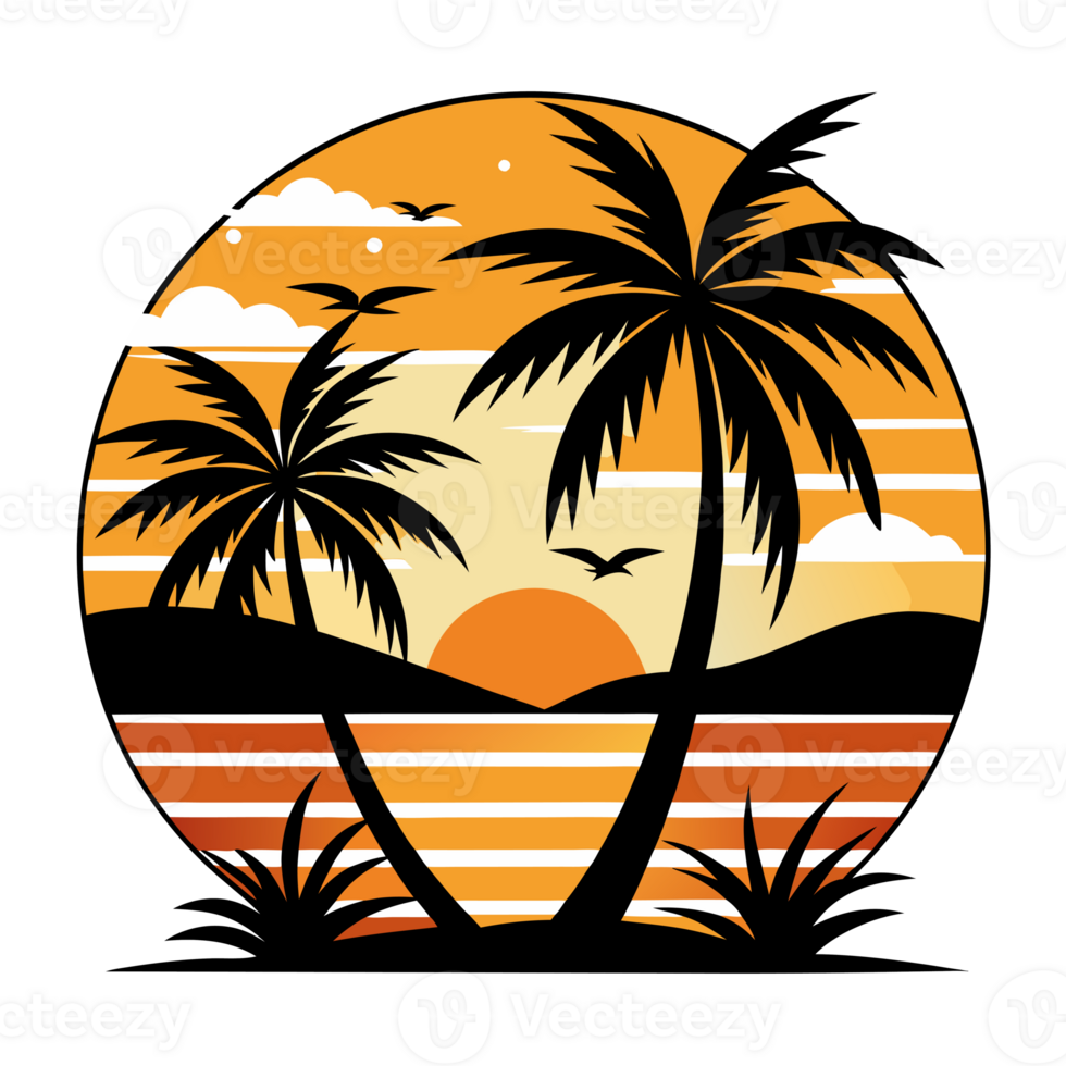 A sunset scene with black silhouettes of palm trees and flying birds creates png