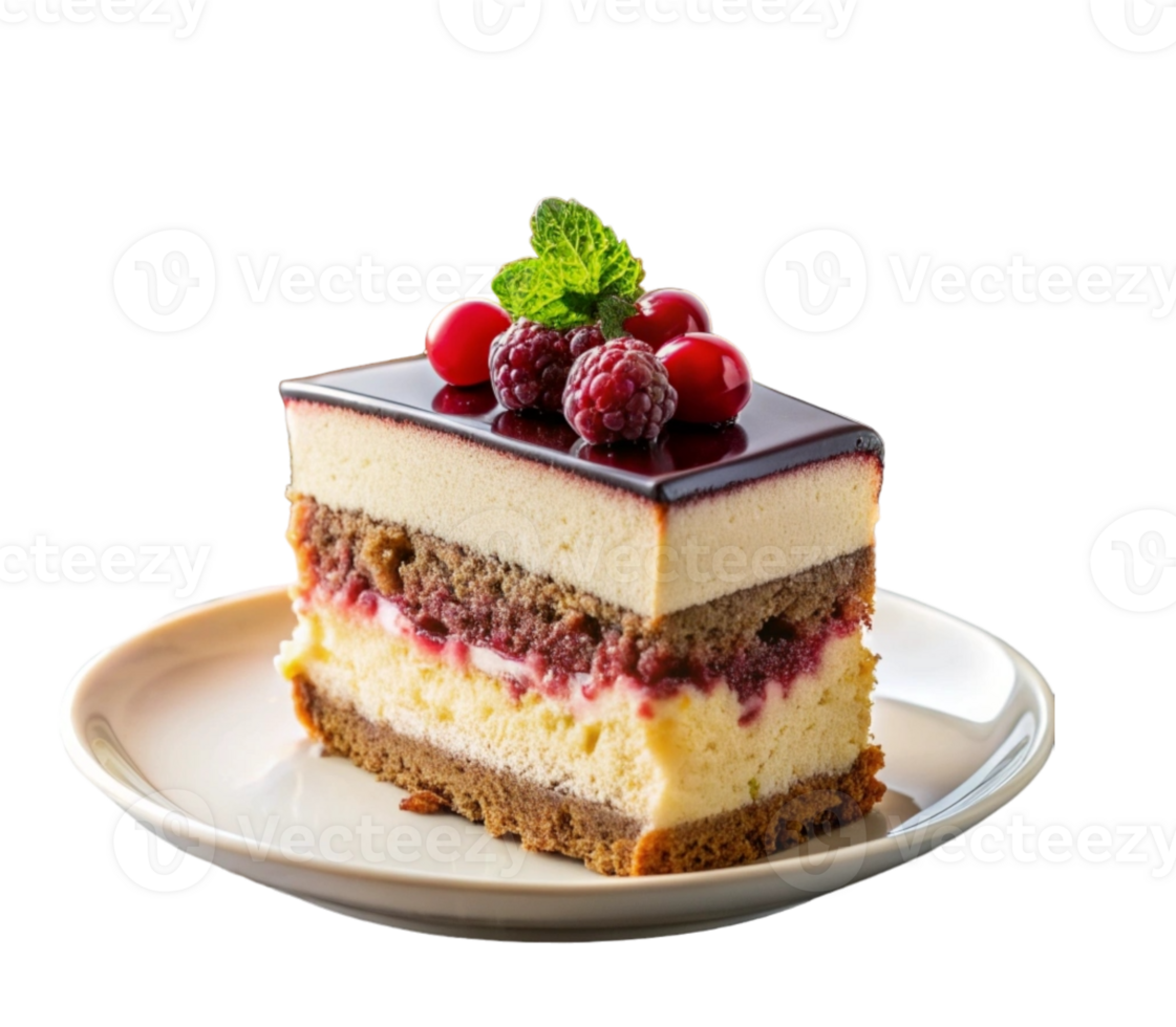 Delicious layered cake with berries and mint on a white plate png
