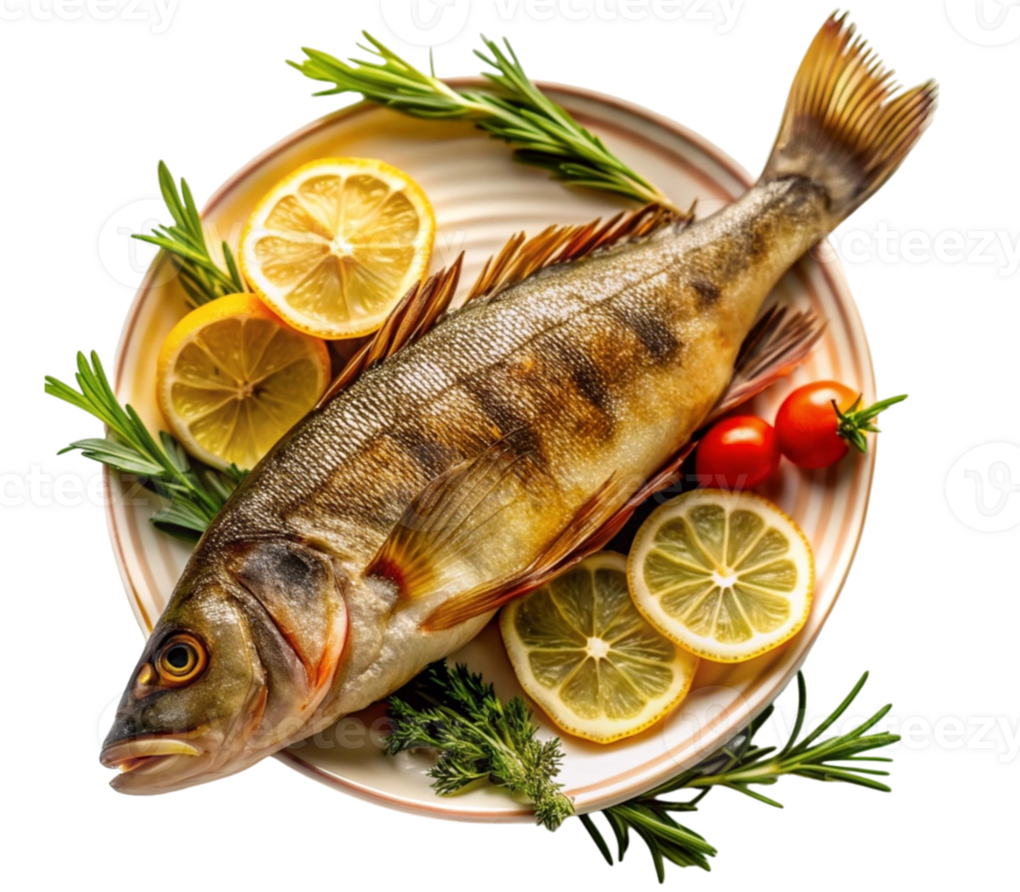 Fresh whole fish with lemon slices and herbs on a plate png