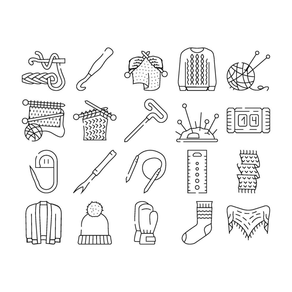knitting wool textile knit icons set vector