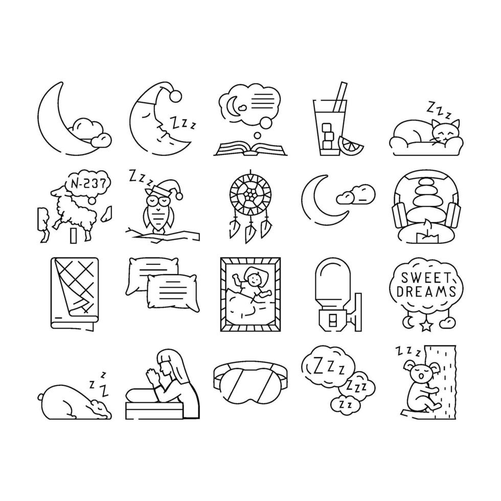 sleep bed pillow dream night icons set vector