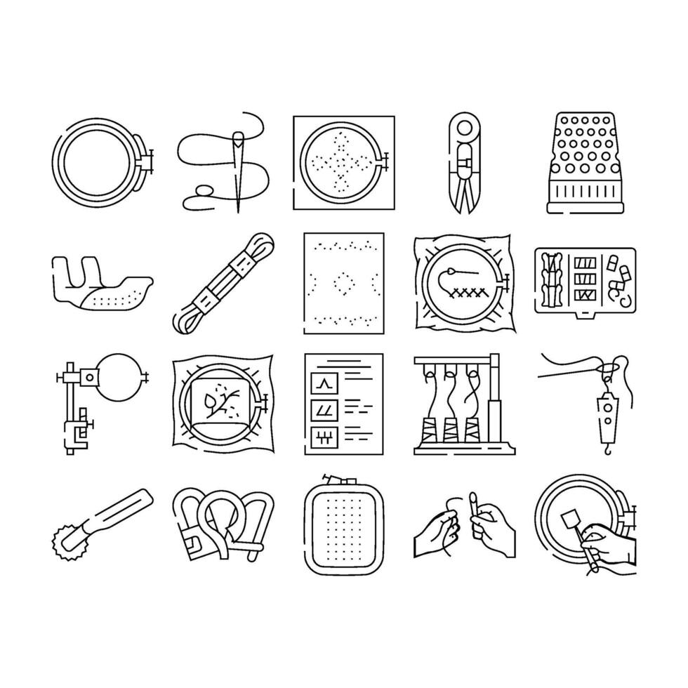 embroidery thread fabric needle icons set vector