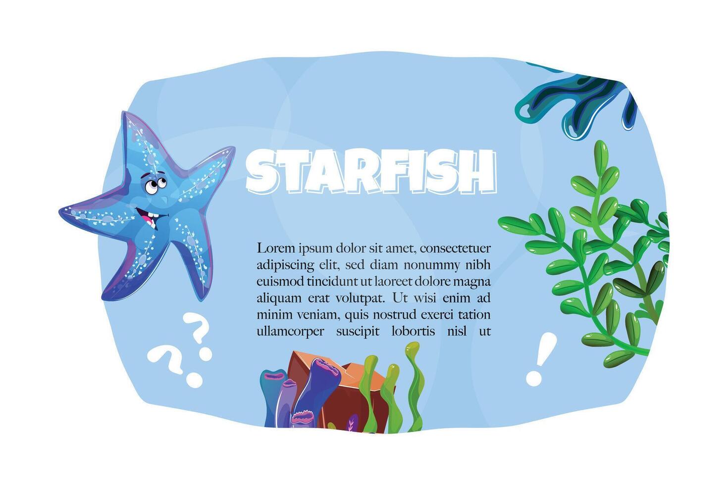 Underwater banner with a happy starfish, various aquatic elements like seagrass, corals, Ideal for educational content vector
