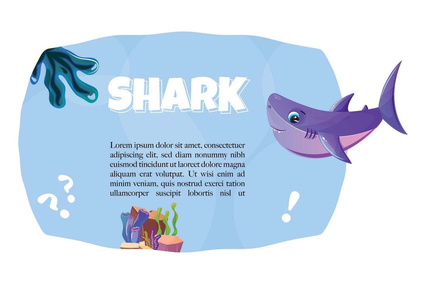 Underwater banner with a happy shark, various aquatic elements like seagrass, corals, and fish silhouettes. Ideal for educational content vector
