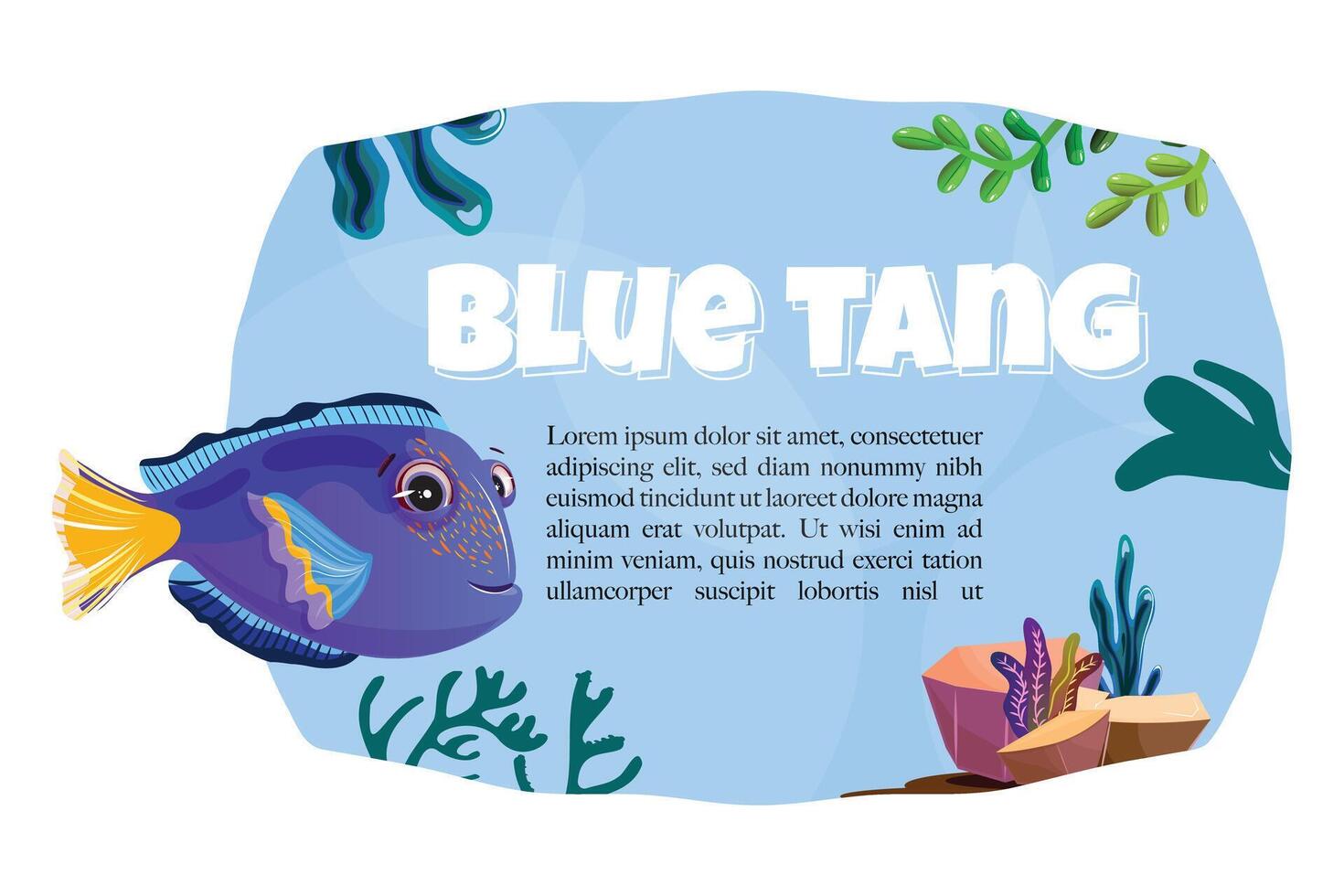 Underwater banner with a happy blue tang fish, various aquatic elements like seagrass, corals, Ideal for educational content vector