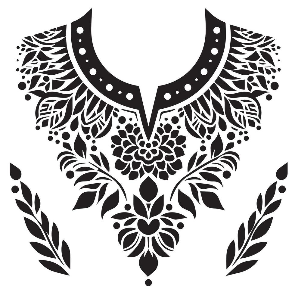 Stencil Art collar design for kameez , black and white, white background vector