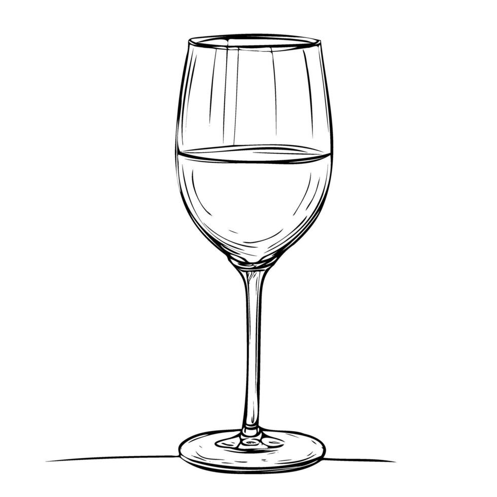 Glass with wine. Black and white illustration. Graphic art, black lines. For menus, invitations, banners, posters, cards vector