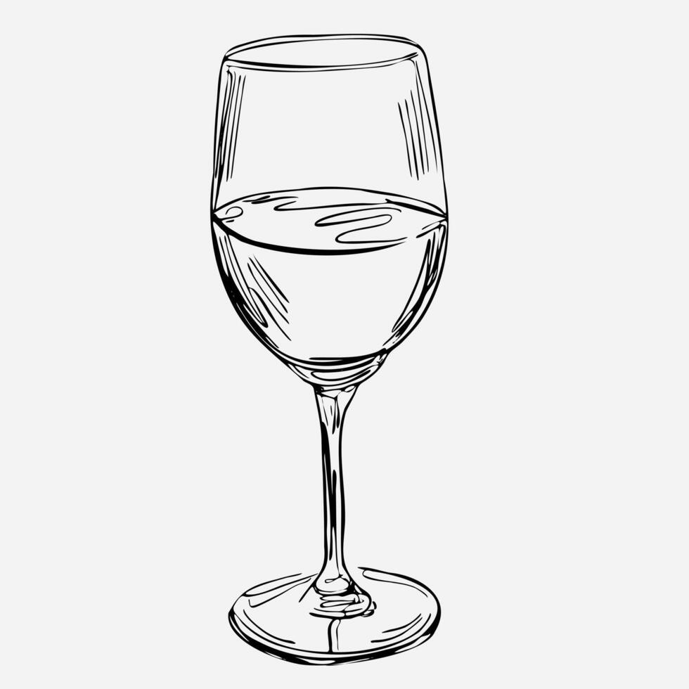 Beautiful large glass of wine on a white background. Graphic art, black lines. For menus, invitations, banners, posters, cards vector